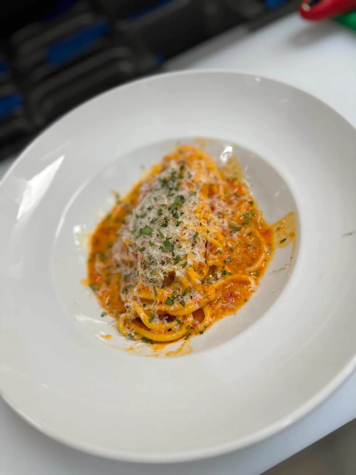 A finished pasta plate cooked during Sigi's hotel training in Spain.