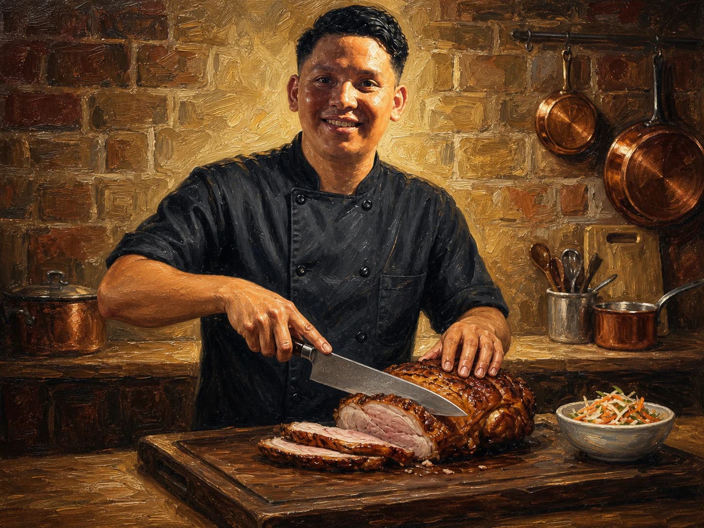 Full oil painting of Chef Sigi carving a roast on the kitchen line.