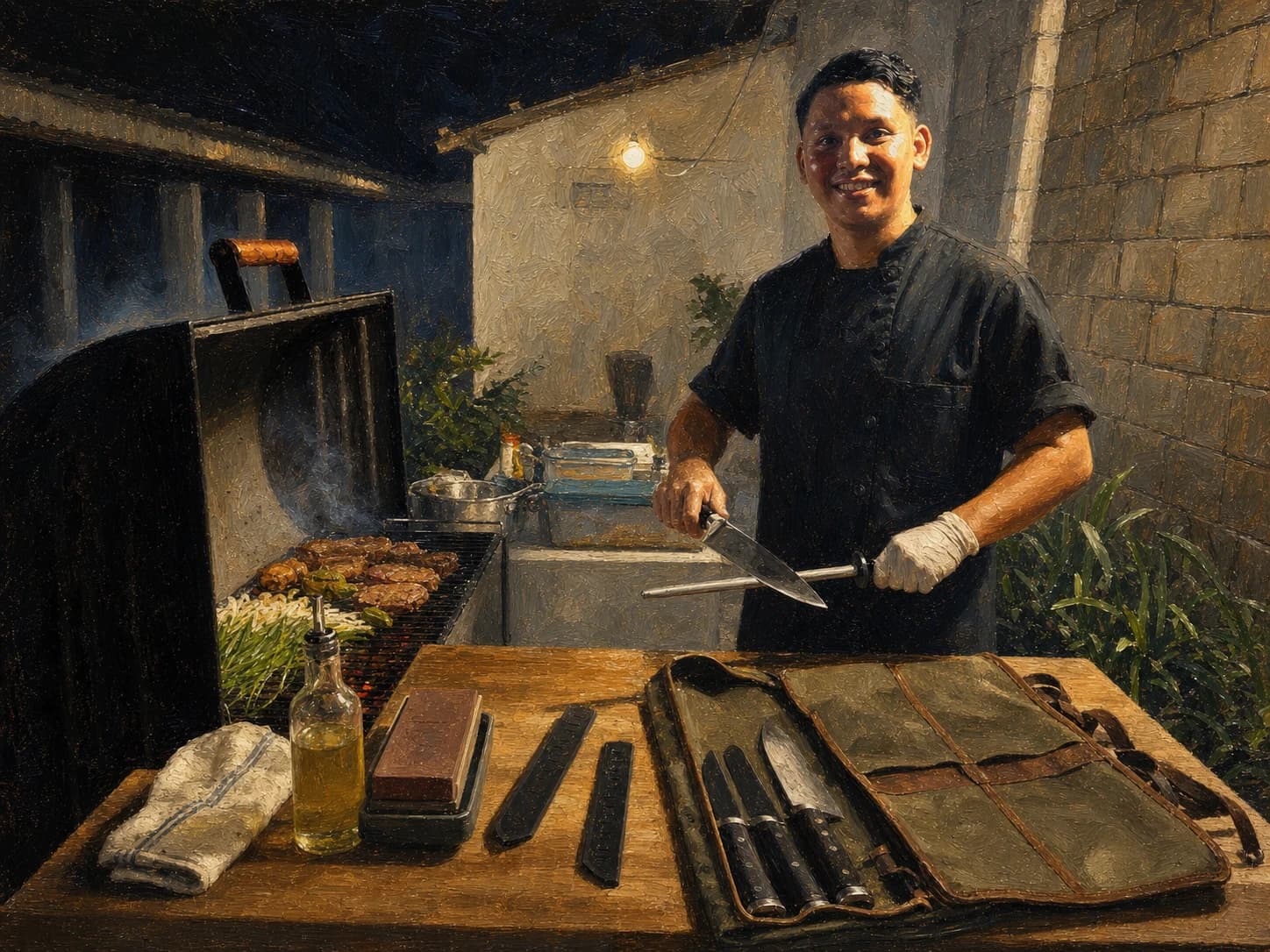 Full oil painting of Chef Sigi honing, caring for, and packing his culinary tools after service.