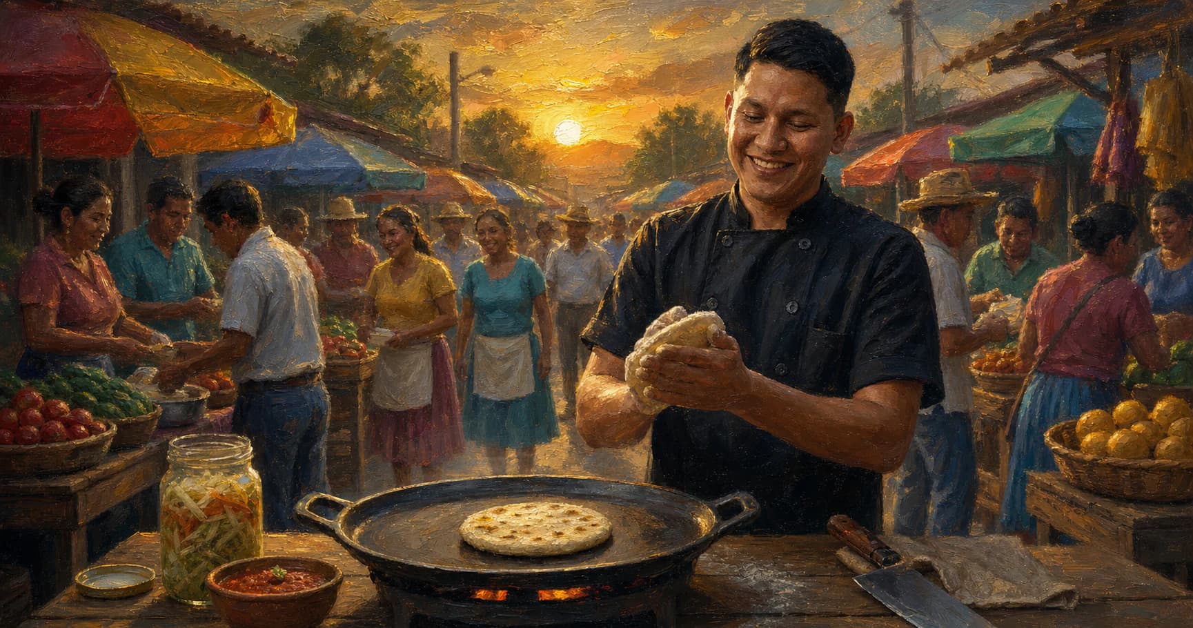 Full oil painting of Chef Sigi working at a market comal.