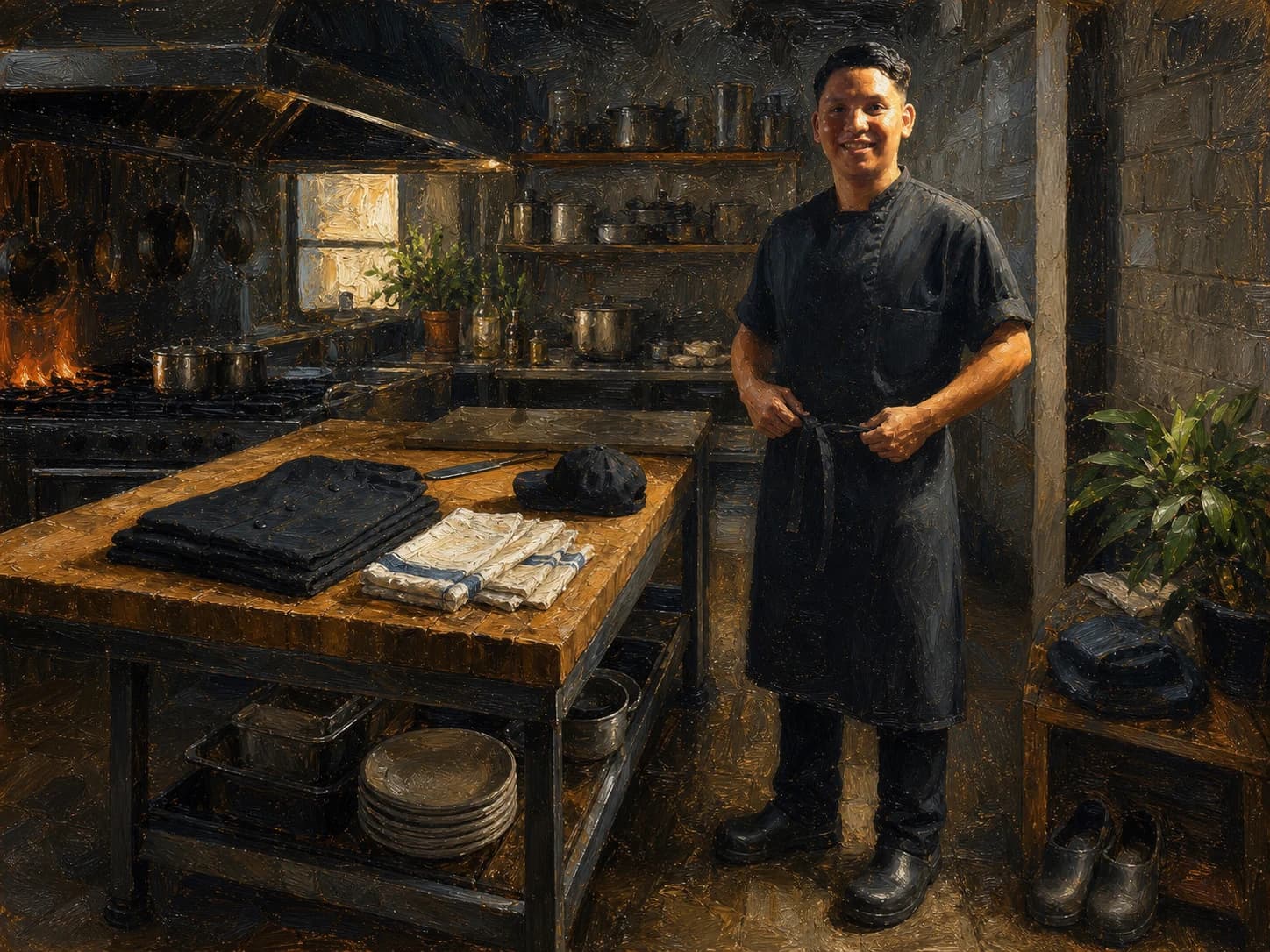 Full oil painting of Chef Sigi preparing his working uniform for the kitchen shift.