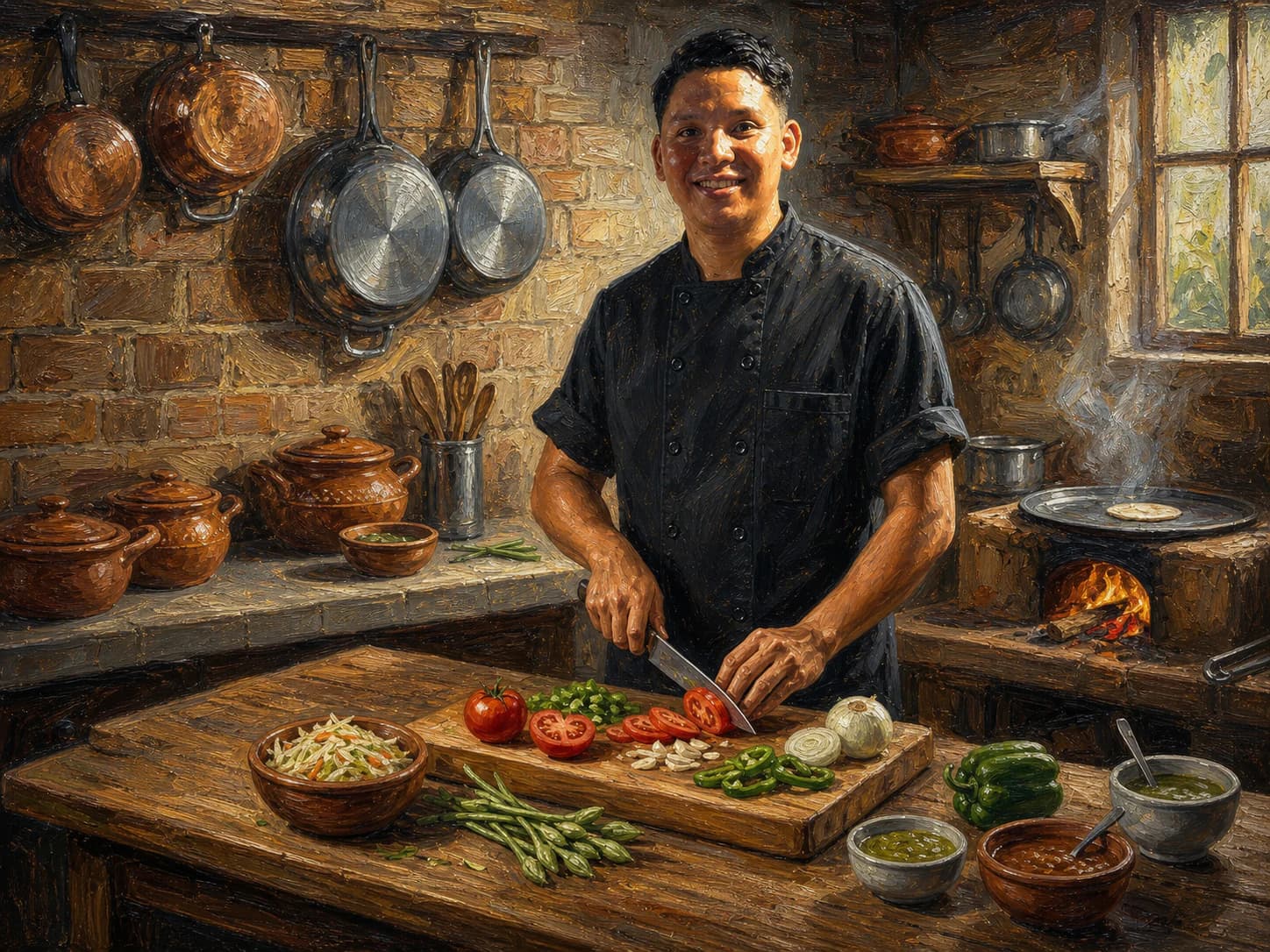 Oil painting of Chef Sigi preparing vegetables
