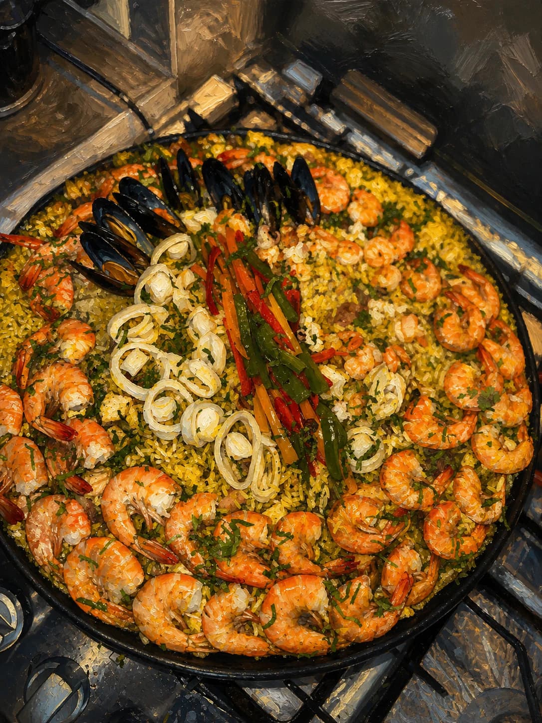 Oil painting of a seafood pan cooked during Sigi's training in Spain