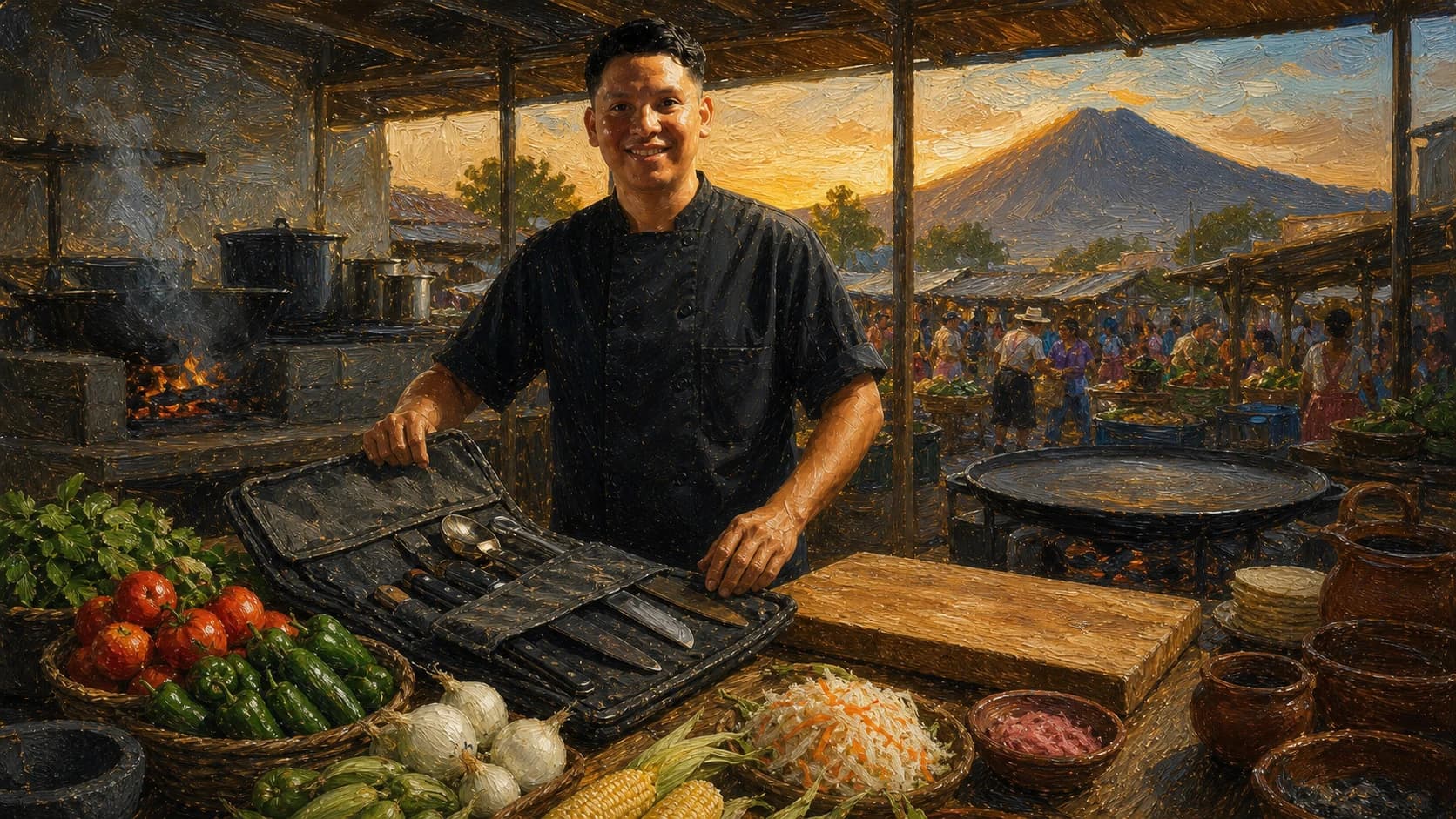 Interpretive oil painting of Chef Sigi returning home to El Salvador