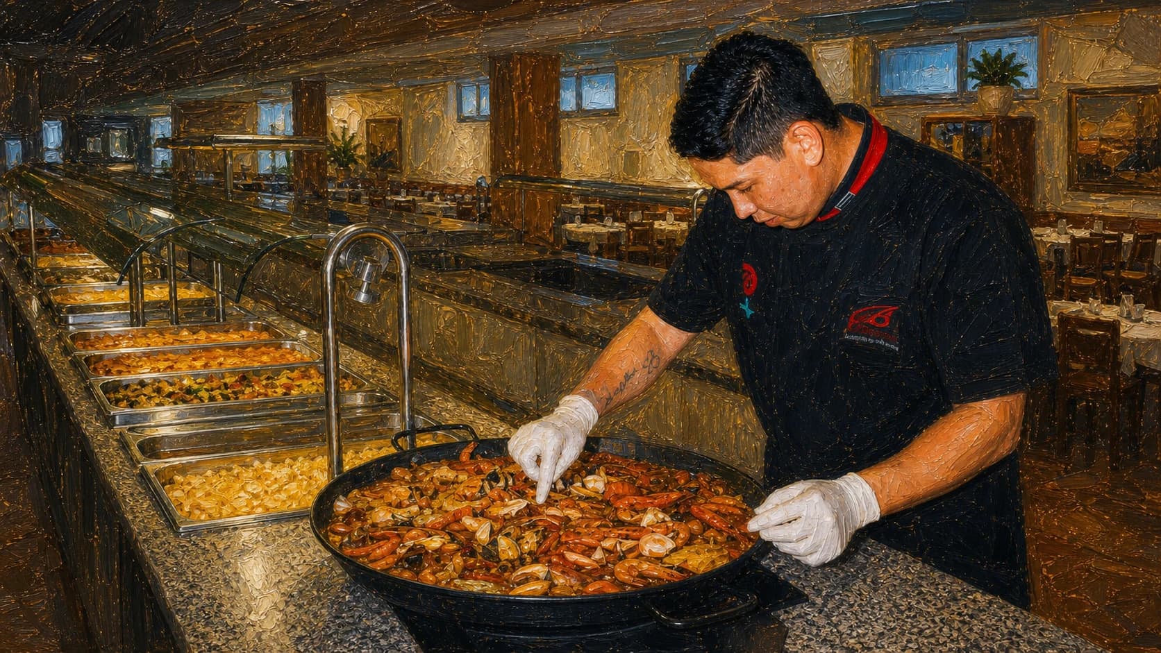 Interpretive oil painting of Chef Sigi working on the seafood line during the Spain hotel-training chapter