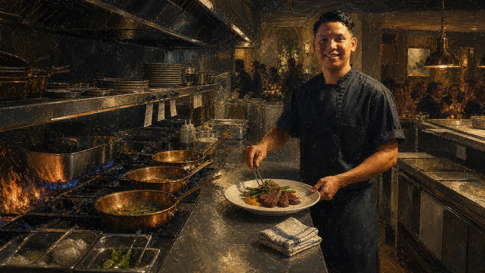 Interpretive oil painting of Chef Sigi working through restaurant service in the United States