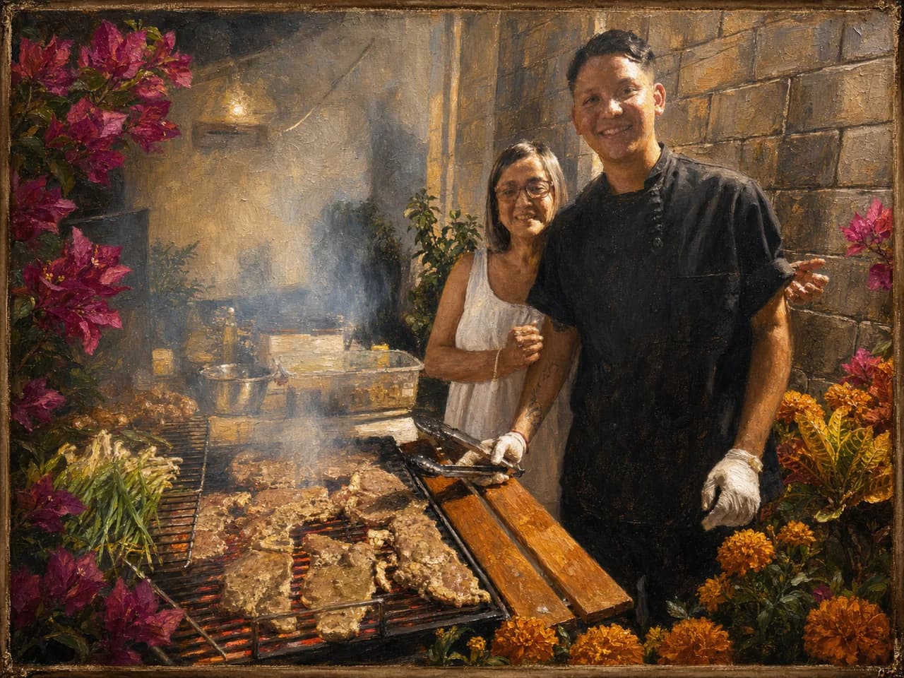 Pintura al óleo creada con una foto real de la Yaya y Chef Sigi cocinando juntos en la parrilla